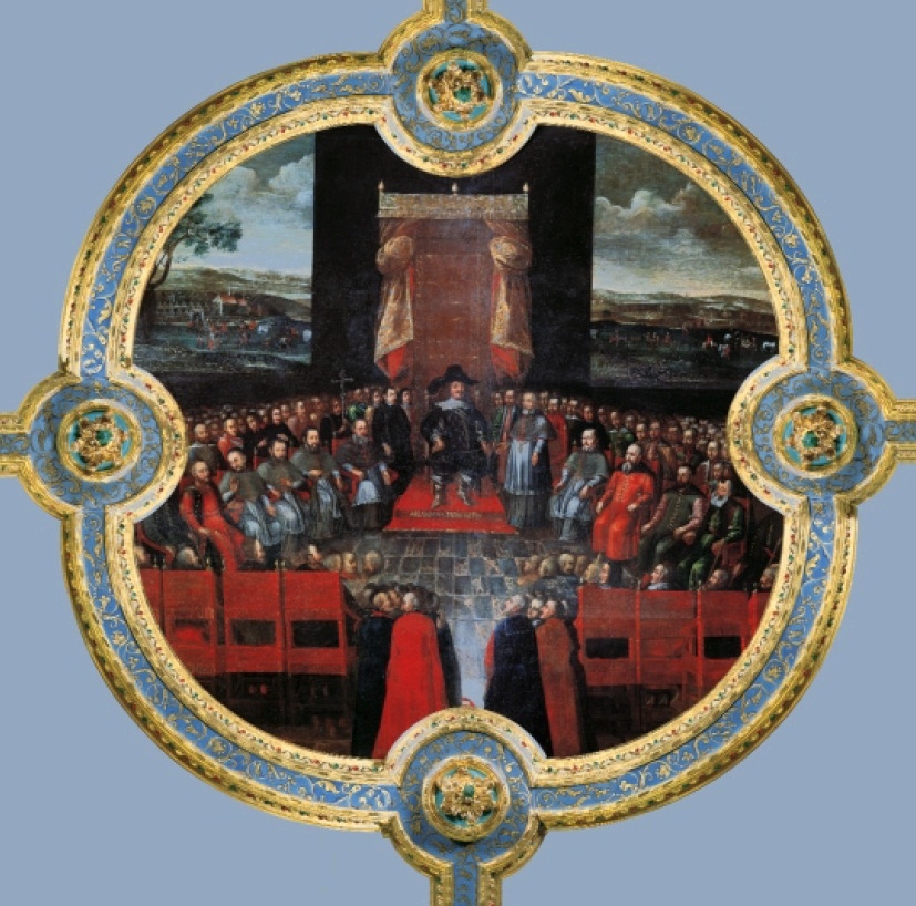 Werkstatt von Tommaso Dolabella, „Gericht über die Arianer 1638“ — historisches Gemälde der Verurteilung der Polnischen Brüder durch den Sejm, mit Stadt- und Kirchenkulisse